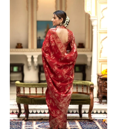 Women's Silk Printed Saree With Unstitched Blouse 5.5Mtr (Red)