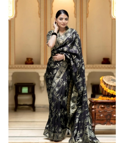 Women's Silk Printed Saree With Unstitched Blouse 5.5Mtr (Black) Women's Silk Printed Saree With Unstitched Blouse 5.5Mtr (Black)