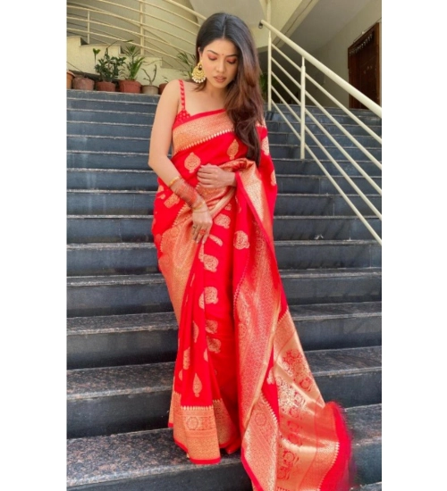 Women's Silk Printed Saree With Unstitched Blouse 5.5Mtr (Red)