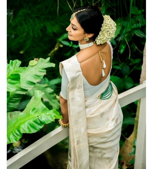 Women's Silk Printed Saree With Unstitched Blouse 5.5Mtr (White)