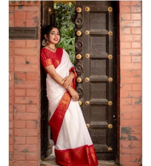 Women's Silk Printed Saree With Unstitched Blouse 5.5Mtr (White)