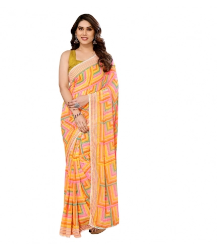 Women's Small Lace Georgette Printed Ready-to-Wear Saree With Unstitched Blouse 5.5 Mtr (Yellow)
