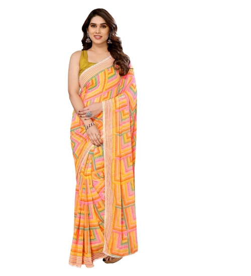 Women's Small Lace Georgette Printed Ready-to-Wear Saree With Unstitched Blouse 5.5 Mtr (Yellow)