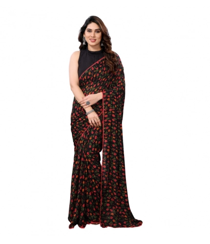 Women's Small Lace Georgette Printed Ready-to-Wear Saree With Unstitched Blouse 5.5 Mtr (Black)