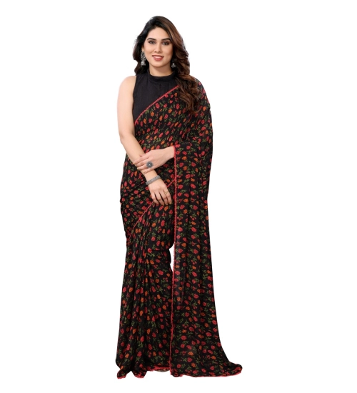 Women's Small Lace Georgette Printed Ready-to-Wear Saree With Unstitched Blouse 5.5 Mtr (Black)