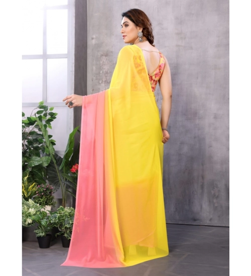 Women's Small Lace Georgette Solid Ready-to-Wear Saree With Unstitched Blouse 5.5 Mtr (Pink-Yellow)