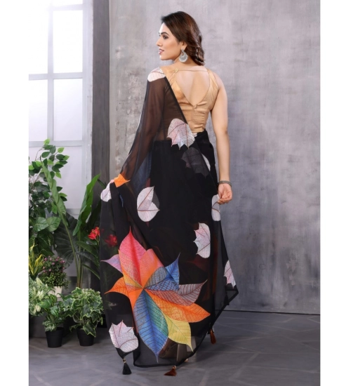 Women's Small Lace Georgette Printed Ready-to-Wear Saree With Unstitched Blouse 5.5 Mtr (Black)