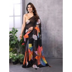 Women's Small Lace Georgette Printed Ready-to-Wear Saree With Unstitched Blouse 5.5 Mtr (Black)