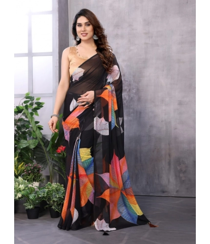 Women's Small Lace Georgette Printed Ready-to-Wear Saree With Unstitched Blouse 5.5 Mtr (Black)