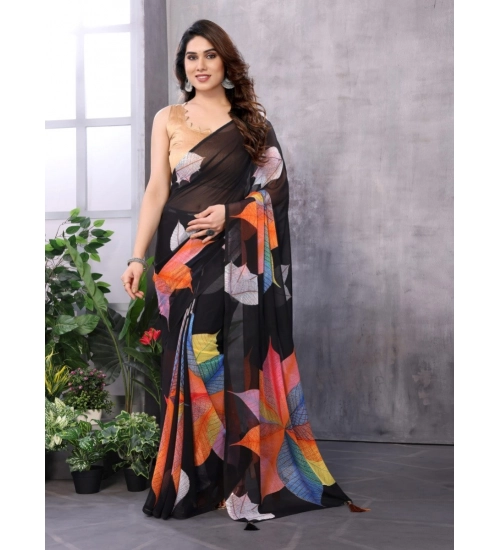 Women's Small Lace Georgette Printed Ready-to-Wear Saree With Unstitched Blouse 5.5 Mtr (Black)