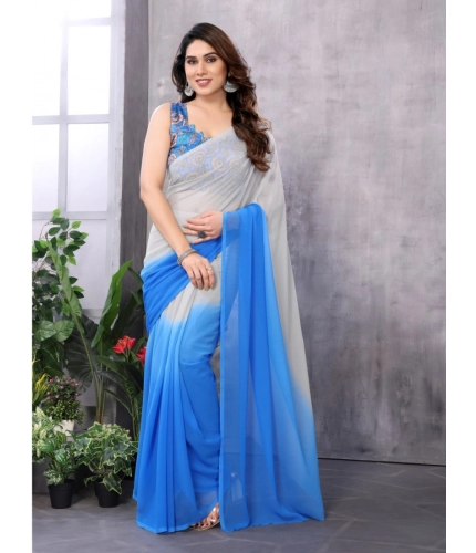 Women's Small Lace Georgette Solid Ready-to-Wear Saree With Unstitched Blouse 5.5 Mtr (Grey-Blue)