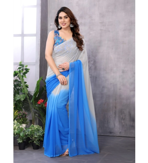 Women's Small Lace Georgette Solid Ready-to-Wear Saree With Unstitched Blouse 5.5 Mtr (Grey-Blue)