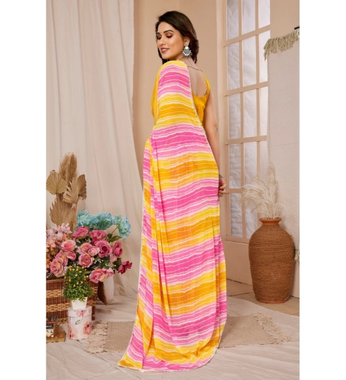 Women's Small Lace Georgette Striped Ready-to-Wear Saree With Unstitched Blouse 5.5 Mtr (Yellow-Pink)