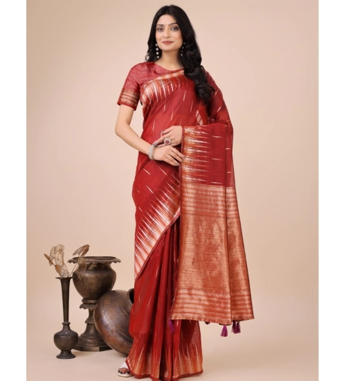 Women's Linen Cotton Wevon Jacquard Saree With Unstitched Blouse 5.5Mtr (Red)