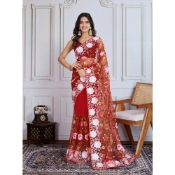 Women's Soft Net Thread Embroidery Saree With Unstitched Blouse 5.5Mtr (Maroon)