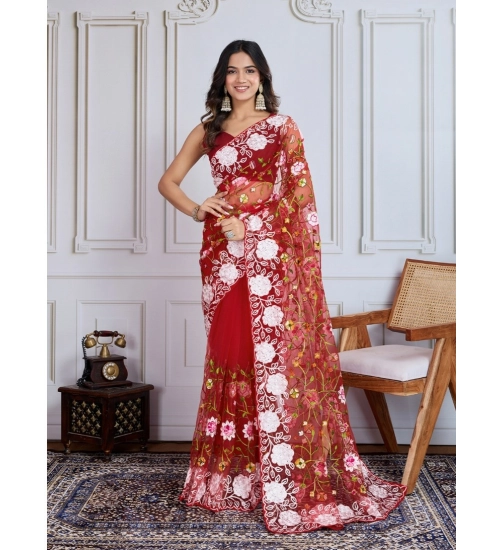 Women's Soft Net Thread Embroidery Saree With Unstitched Blouse 5.5Mtr (Maroon)