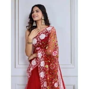Generic Women's Soft Net Thread Embroidery Saree With Unstitched Blouse 5.5Mtr (Maroon)