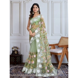 Women's Soft Net Thread Embroidery Saree With Unstitched Blouse 5.5Mtr (Pista)