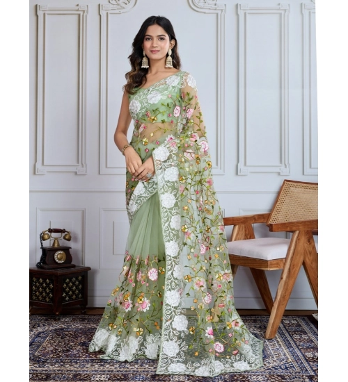 Women's Soft Net Thread Embroidery Saree With Unstitched Blouse 5.5Mtr (Pista)