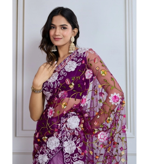 Women's Soft Net Thread Embroidery Saree With Unstitched Blouse 5.5Mtr (Purple) Women's Soft Net Thread Embroidery Saree With Unstitched Blouse 5.5Mtr (Purple)
