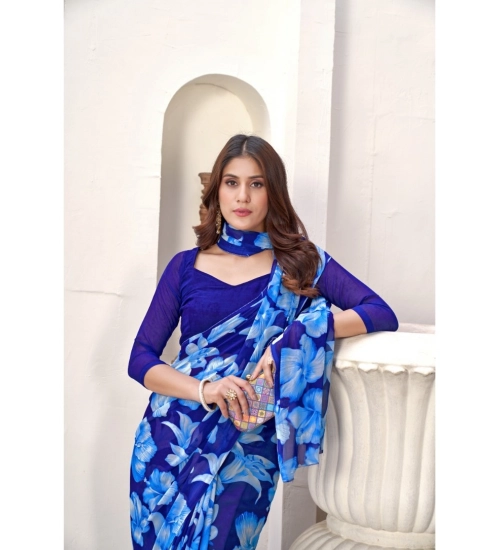 Women's Polyster Printed Saree With Unstitched Blouse 5.5Mtr (Blue)