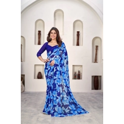 Women's Polyster Printed Saree With Unstitched Blouse 5.5Mtr (Blue)