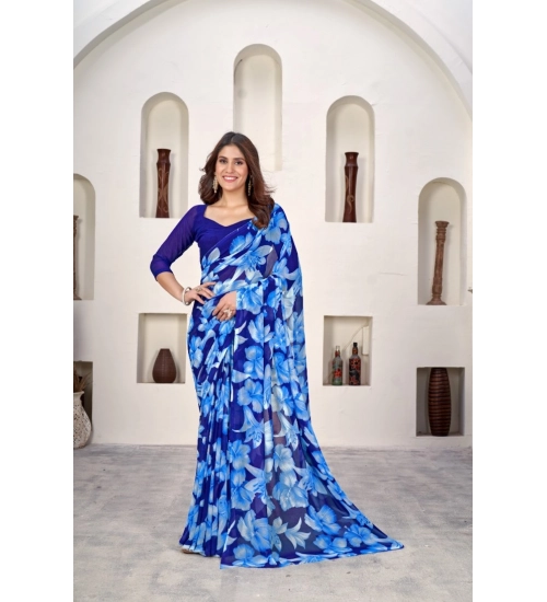 Women's Polyster Printed Saree With Unstitched Blouse 5.5Mtr (Blue)