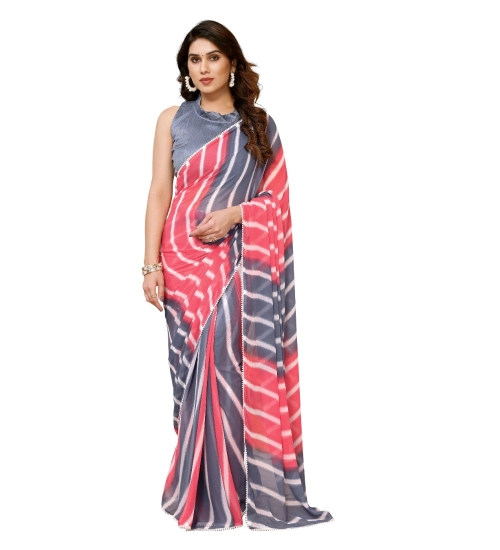 Women's Small Lace Georgette Striped Ready-to-Wear Saree With Unstitched Blouse 5.5 Mtr (Pink)