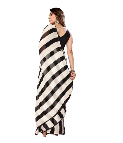 Women's Small Lace Georgette Striped Ready-to-Wear Saree With Unstitched Blouse 5.5 Mtr (Black-White) Women's Small Lace Georgette Striped Ready-to-Wear Saree With Unstitched Blouse 5.5 Mtr (Black-White)