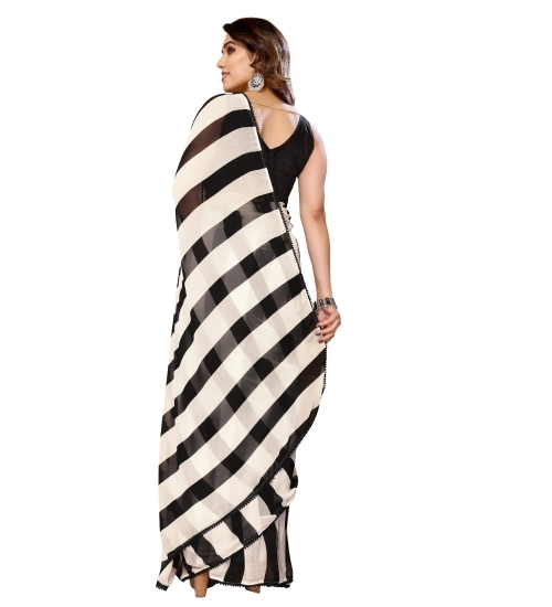 Women's Small Lace Georgette Striped Ready-to-Wear Saree With Unstitched Blouse 5.5 Mtr (Black-White)