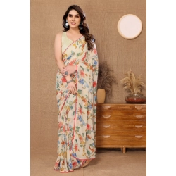 Women's Small Lace Georgette Printed Ready-to-Wear Saree With Unstitched Blouse 5.5 Mtr (Off White)