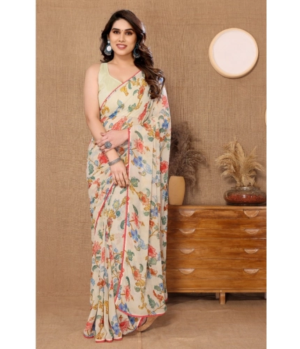 Women's Small Lace Georgette Printed Ready-to-Wear Saree With Unstitched Blouse 5.5 Mtr (Off White)