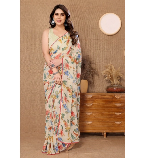 Women's Small Lace Georgette Printed Ready-to-Wear Saree With Unstitched Blouse 5.5 Mtr (Off White)