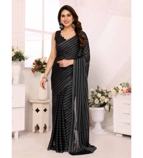 Women's  Black Berry Striped Ready-to-Wear Saree With Unstitched Blouse 5.5 Mtr (Grey-Black)