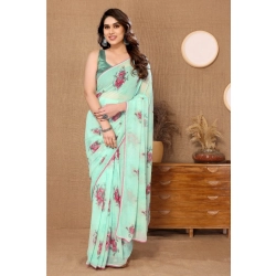 Women's Small Lace Georgette Printed Ready-to-Wear Saree With Unstitched Blouse 5.5 Mtr (Turquoise)