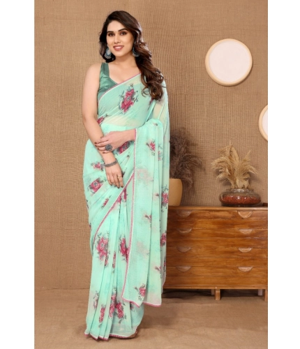 Women's Small Lace Georgette Printed Ready-to-Wear Saree With Unstitched Blouse 5.5 Mtr (Turquoise)