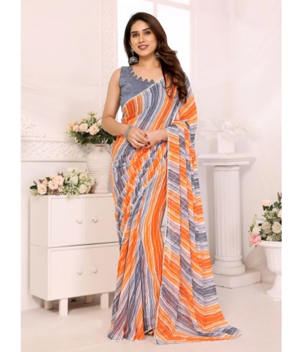 Women's Small Lace Georgette Striped Ready-to-Wear Saree With Unstitched Blouse 5.5 Mtr (Grey)