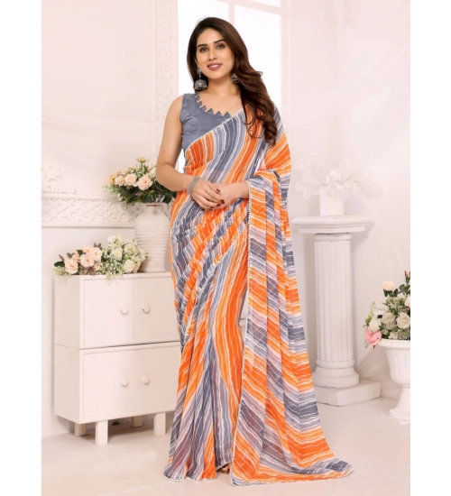 Women's Small Lace Georgette Striped Ready-to-Wear Saree With Unstitched Blouse 5.5 Mtr (Grey)