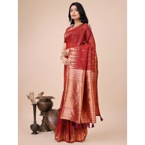 Generic Women's Linen Cotton Wevon Jacquard Saree With Unstitched Blouse 5.5Mtr (Red)
