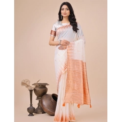 Women's Linen Cotton Wevon Jacquard Saree With Unstitched Blouse 5.5Mtr (White)