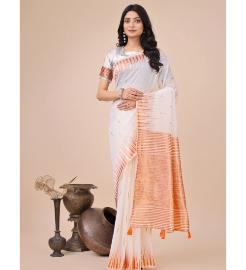 Women's Linen Cotton Wevon Jacquard Saree With Unstitched Blouse 5.5Mtr (White)