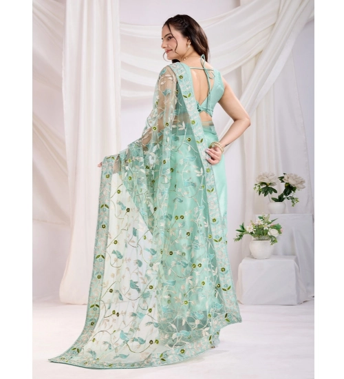 Women's Soft Net Thread Embroidery Saree With Unstitched Blouse 5.5Mtr (Sea Green) Women's Soft Net Thread Embroidery Saree With Unstitched Blouse 5.5Mtr (Sea Green)