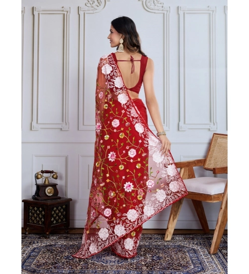 Women's Soft Net Thread Embroidery Saree With Unstitched Blouse 5.5Mtr (Maroon) Women's Soft Net Thread Embroidery Saree With Unstitched Blouse 5.5Mtr (Maroon)