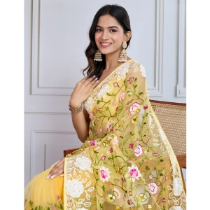 Generic Women's Soft Net Thread Embroidery Saree With Unstitched Blouse 5.5Mtr (Yellow)