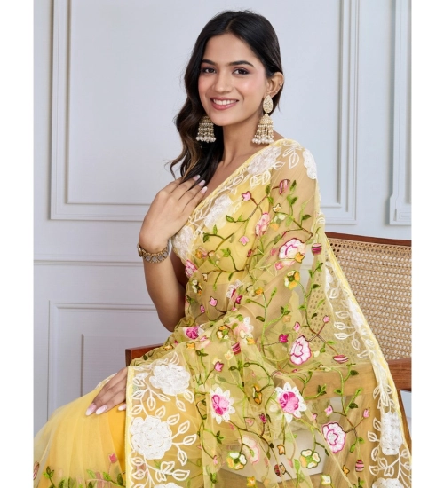 Women's Soft Net Thread Embroidery Saree With Unstitched Blouse 5.5Mtr (Yellow) Women's Soft Net Thread Embroidery Saree With Unstitched Blouse 5.5Mtr (Yellow)
