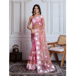 Women's Soft Net Thread Embroidery Saree With Unstitched Blouse 5.5Mtr (Light Pink)