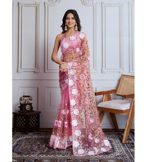 Women's Soft Net Thread Embroidery Saree With Unstitched Blouse 5.5Mtr (Light Pink)