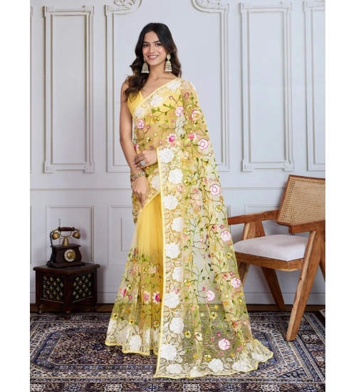 Women's Soft Net Thread Embroidery Saree With Unstitched Blouse 5.5Mtr (Yellow)