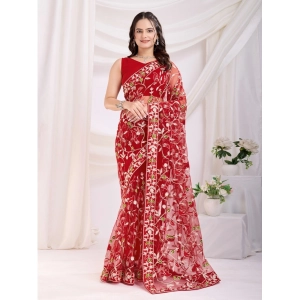 Generic Women's Soft Net Thread Embroidery Saree With Unstitched Blouse 5.5Mtr (Maroon)