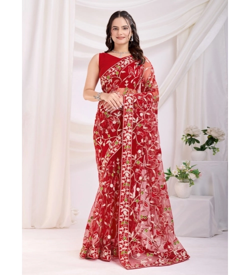 Women's Soft Net Thread Embroidery Saree With Unstitched Blouse 5.5Mtr (Maroon)